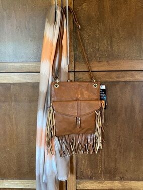 Madden Girl Fringe Crossbody Bag in Brown with new scarf.